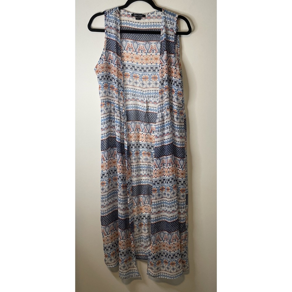 New Look Duster Vest Women L Boho Print Sleeveless Lightweight Kimono